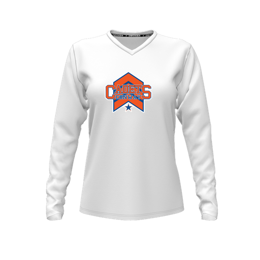 [CUS-DFW-TEES-PER-VNK-LSL-WHT-FYXS-LOGO1] Performance T-Shirt (Female Youth XS, White, V Neck, Logo 1, Long Sleeve)