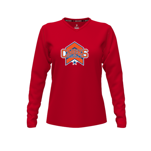 [CUS-DFW-TEES-PER-VNK-LSL-RED-FYXS-LOGO1] Performance T-Shirt (Female Youth XS, Red, V Neck, Logo 1, Long Sleeve)
